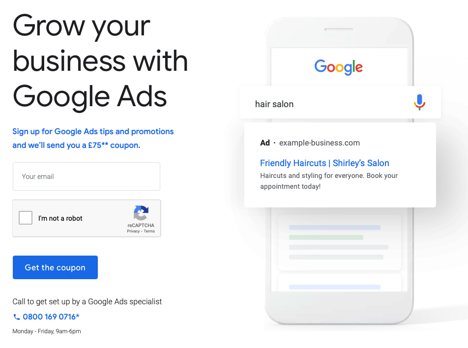 £75 Google ads coupon page